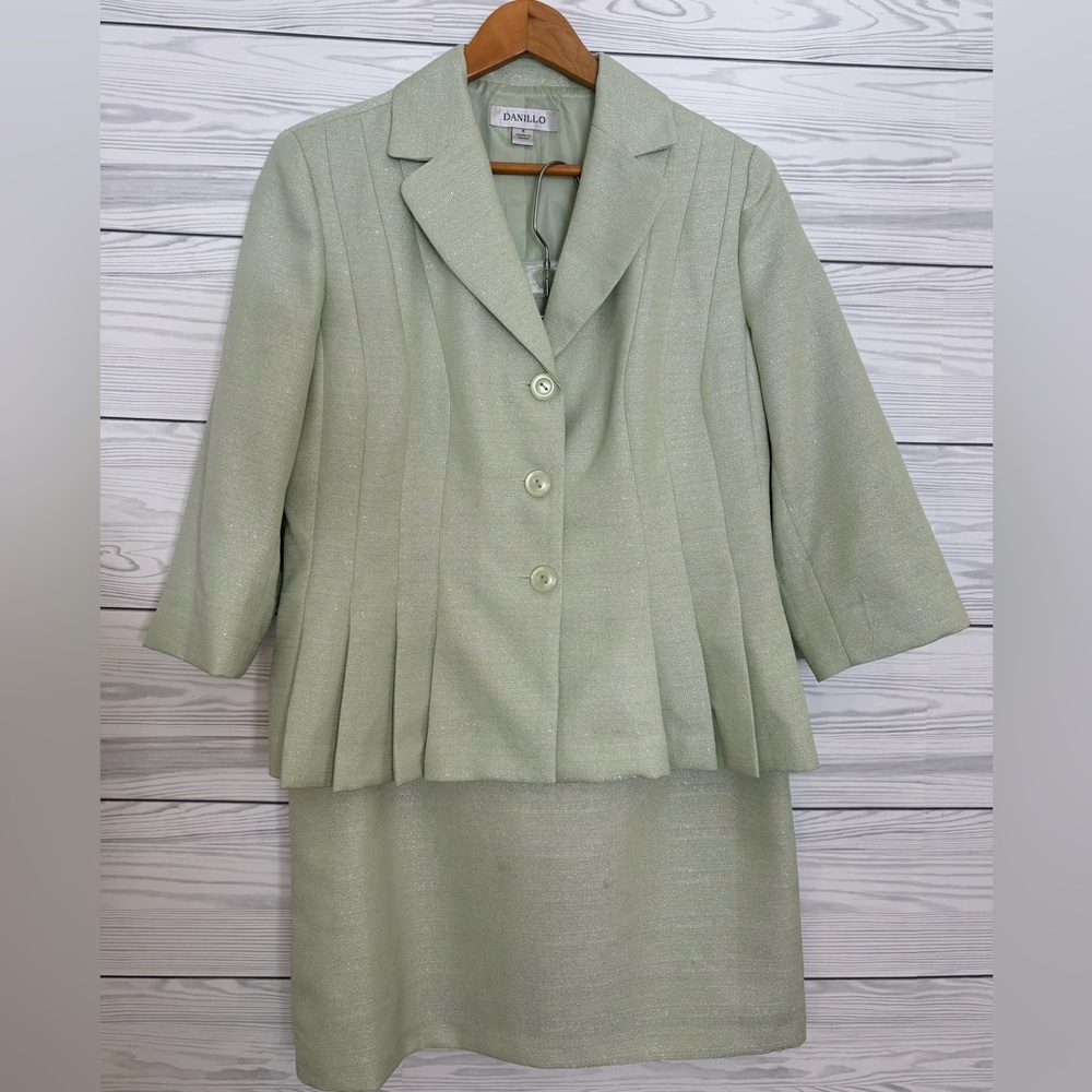 DANILLO Skirt and Jacket Suit Set - Light Metallic Pastel Green - Size 8